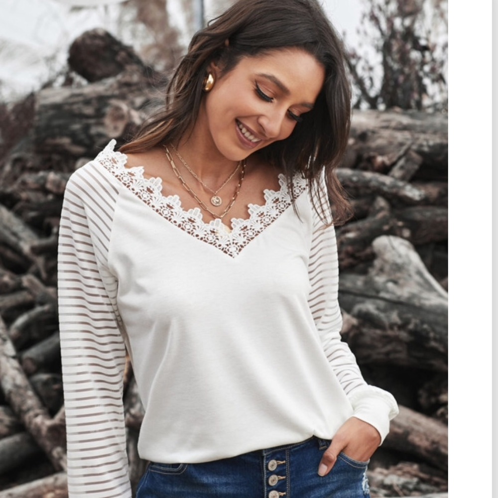 Sexy V-Neck White Top w/Opaque Striped Sleeves! - Picture 3 of 9
